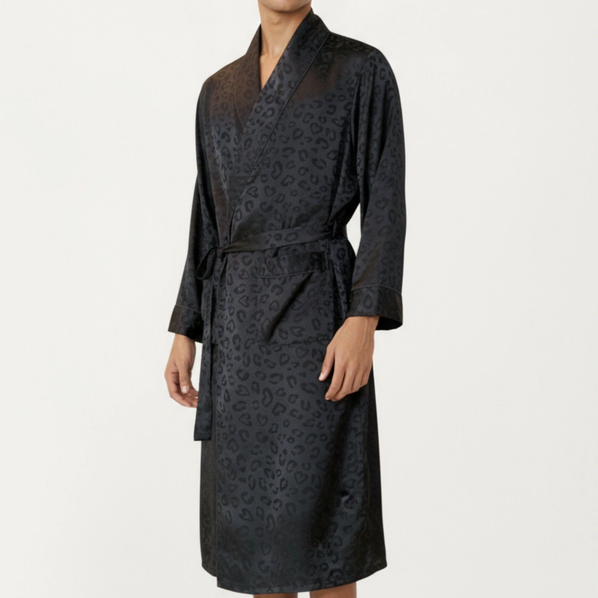 Anna-Kaci Men's Leopard Print Satin Robe with Waist Tie and Front Pockets
