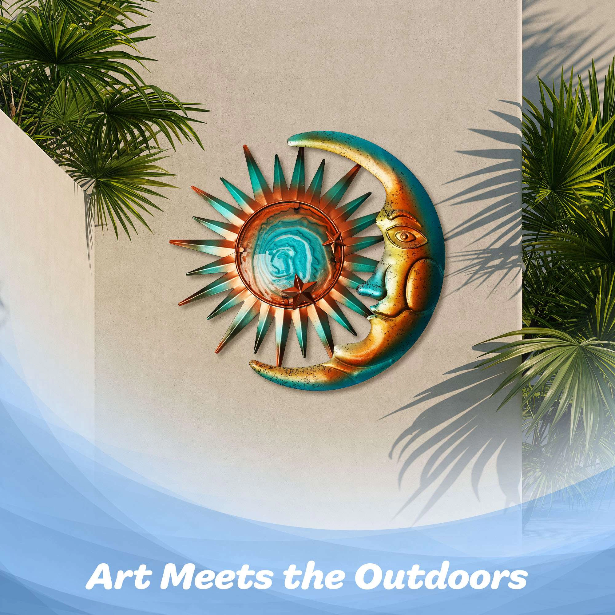 G128 Sun and Moon Metal Wall Art, Hand-Painted Turquoise Metal Sculpture for Indoor and Outdoor Hanging