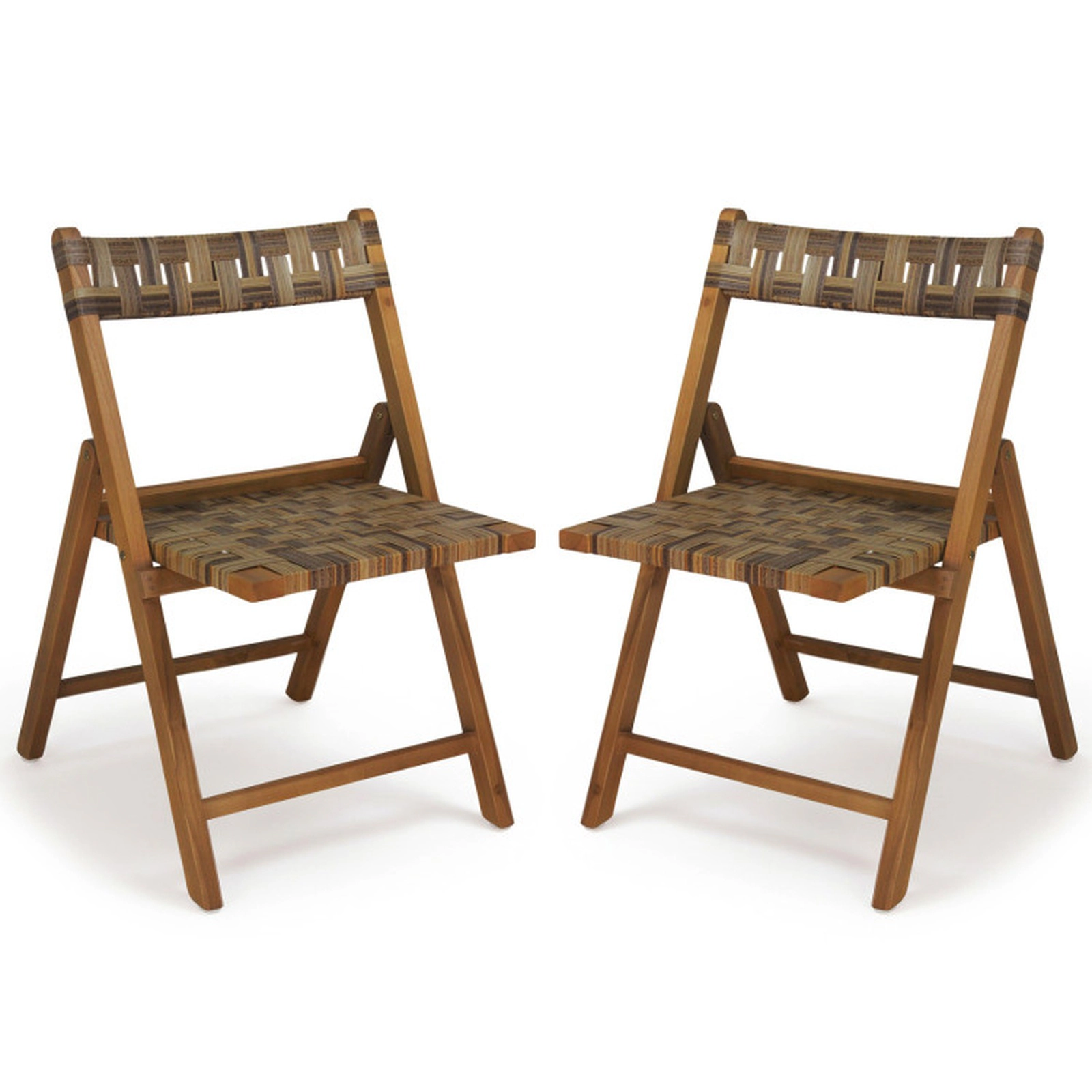 SUGIFT Teak Folding Chairs Set of 2 with Hand-Woven Mix Brown Rattan 400-lb Capacity Contoured Back