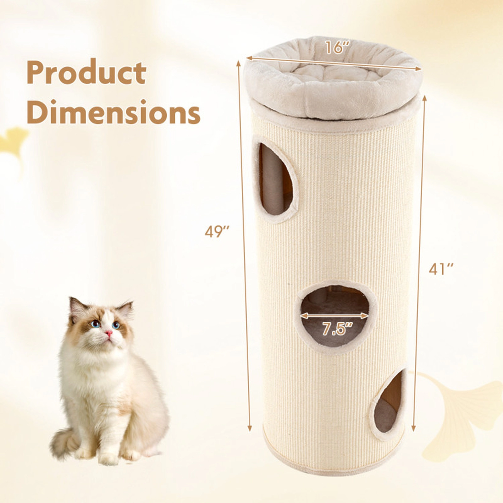 SUGIFT 49-in 4-Story Elevated Cat House Cave Tower with Bamboo Mats Sisal Board and Washable Top Perch