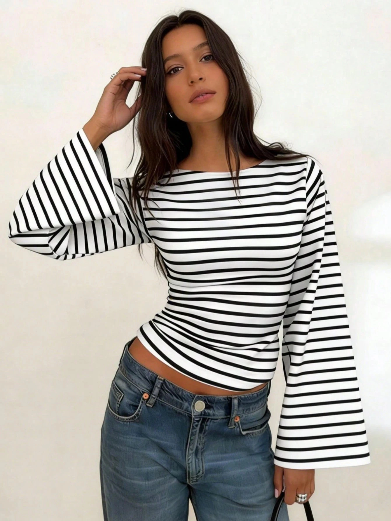 Enchanted Funland Women's Boat Neck Flare Long Sleeve Ribbed Ruched Tops