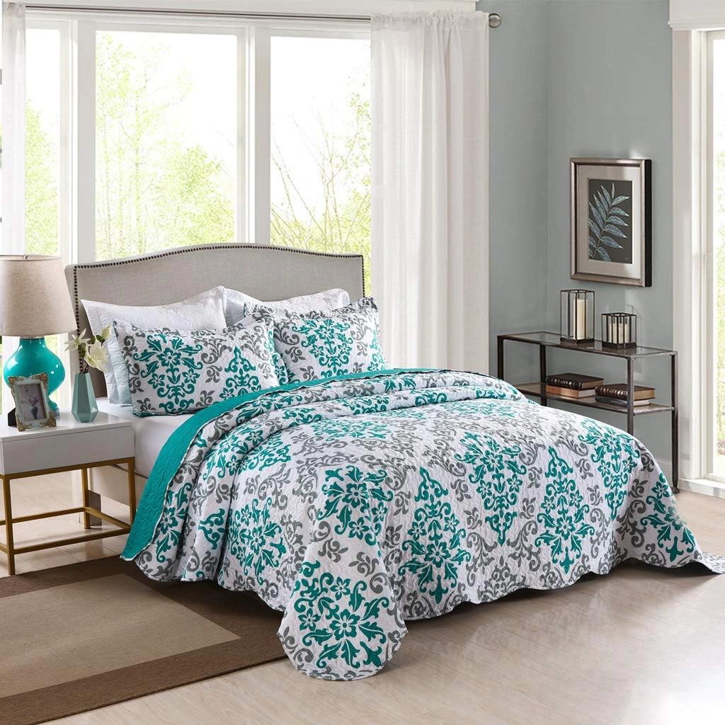 MarCielo 3 Pieces Vintage Damask Floral Quilt Set Quilt Bedspread Set
