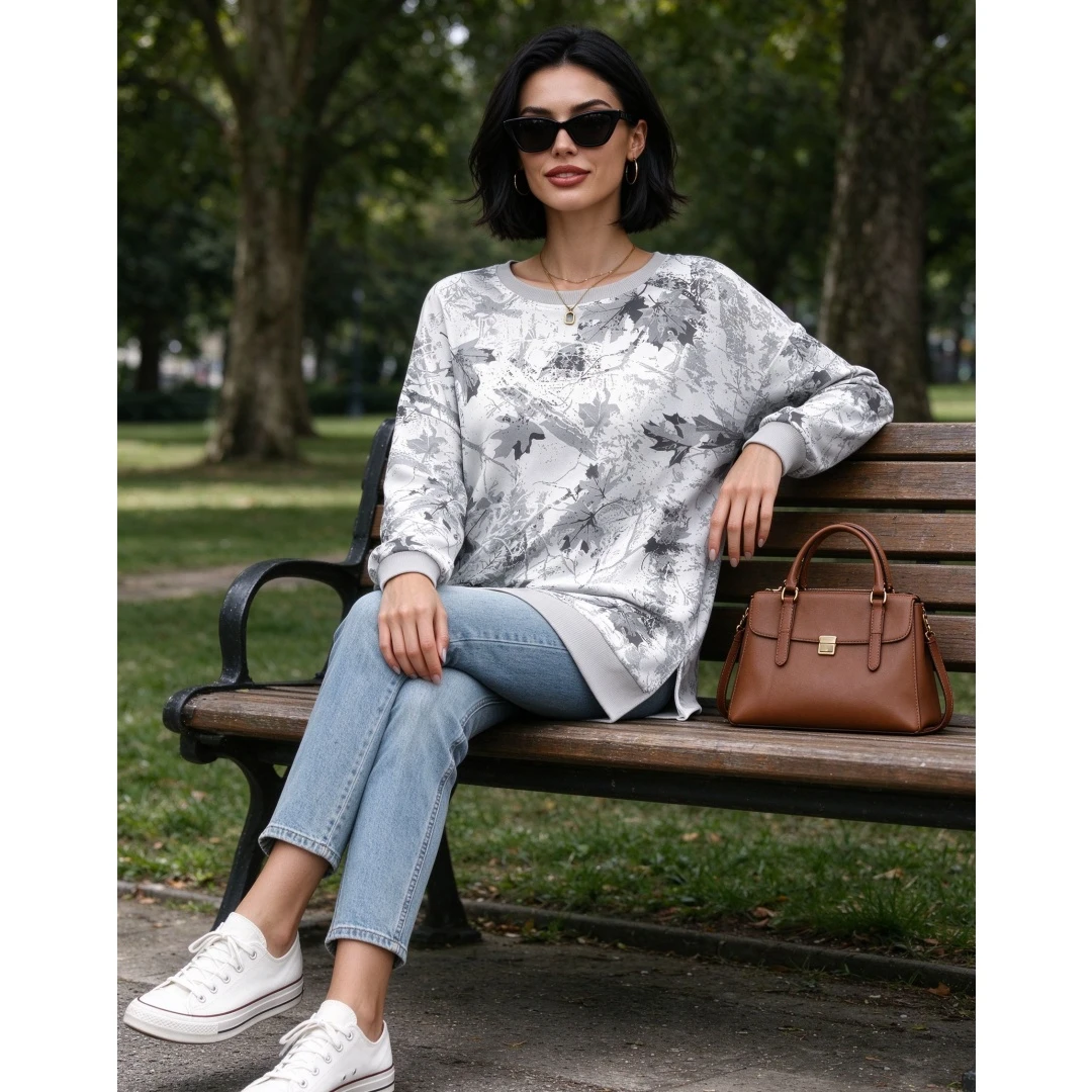 Coolmee Women's Color Block Printed Loose Long Sleeve Ribbed Round Neck Sweatshirt Top All Season