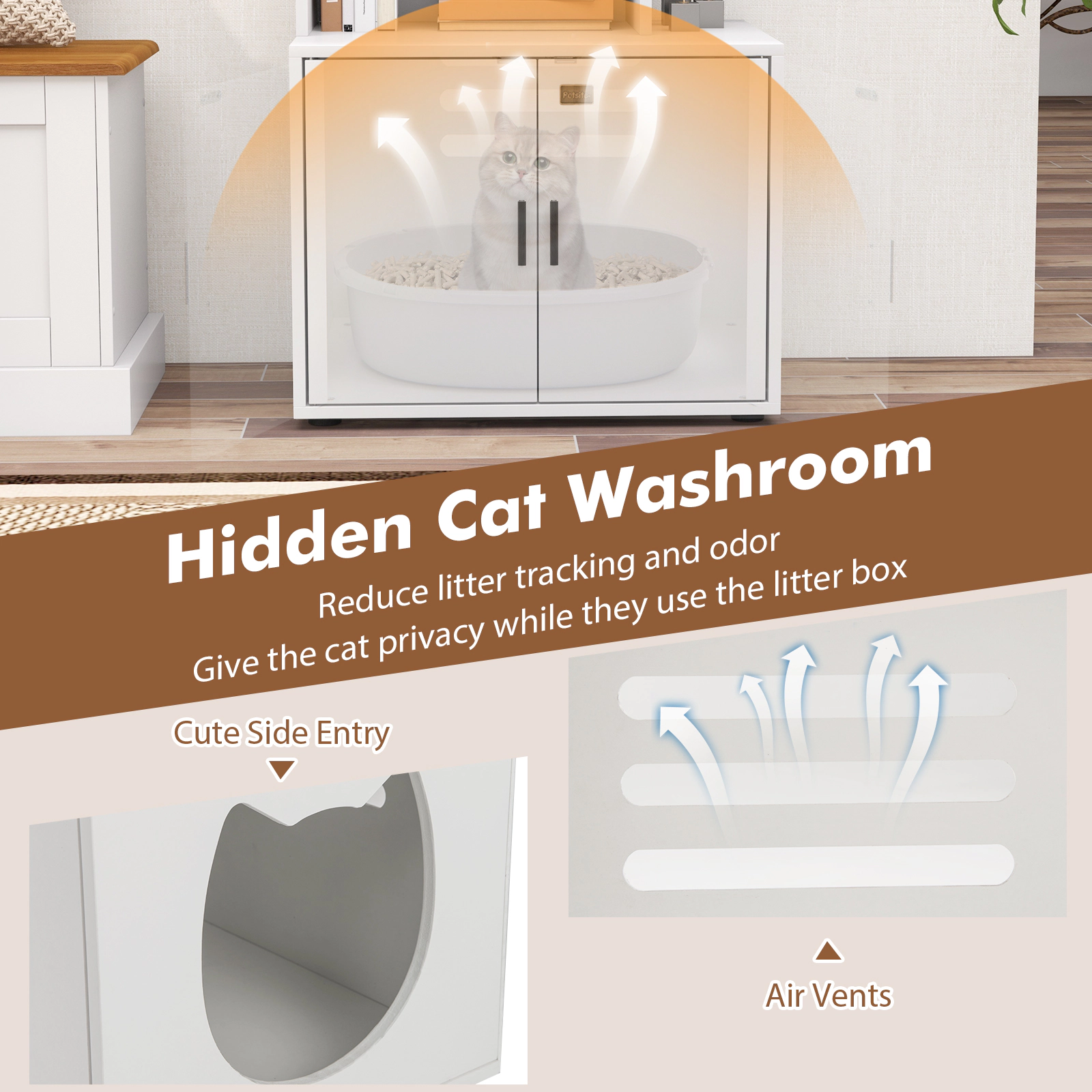 SUGIFT 56-in Tall Hidden Cat Litter Box Enclosure with Storage Shelves Rustic Brown and White