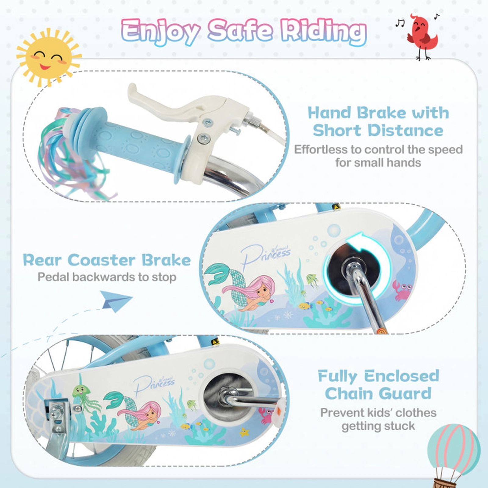 SUGIFT 14-in Blue Kids Bike with Training Wheels Storage Basket Streamers and Mermaid Graphics