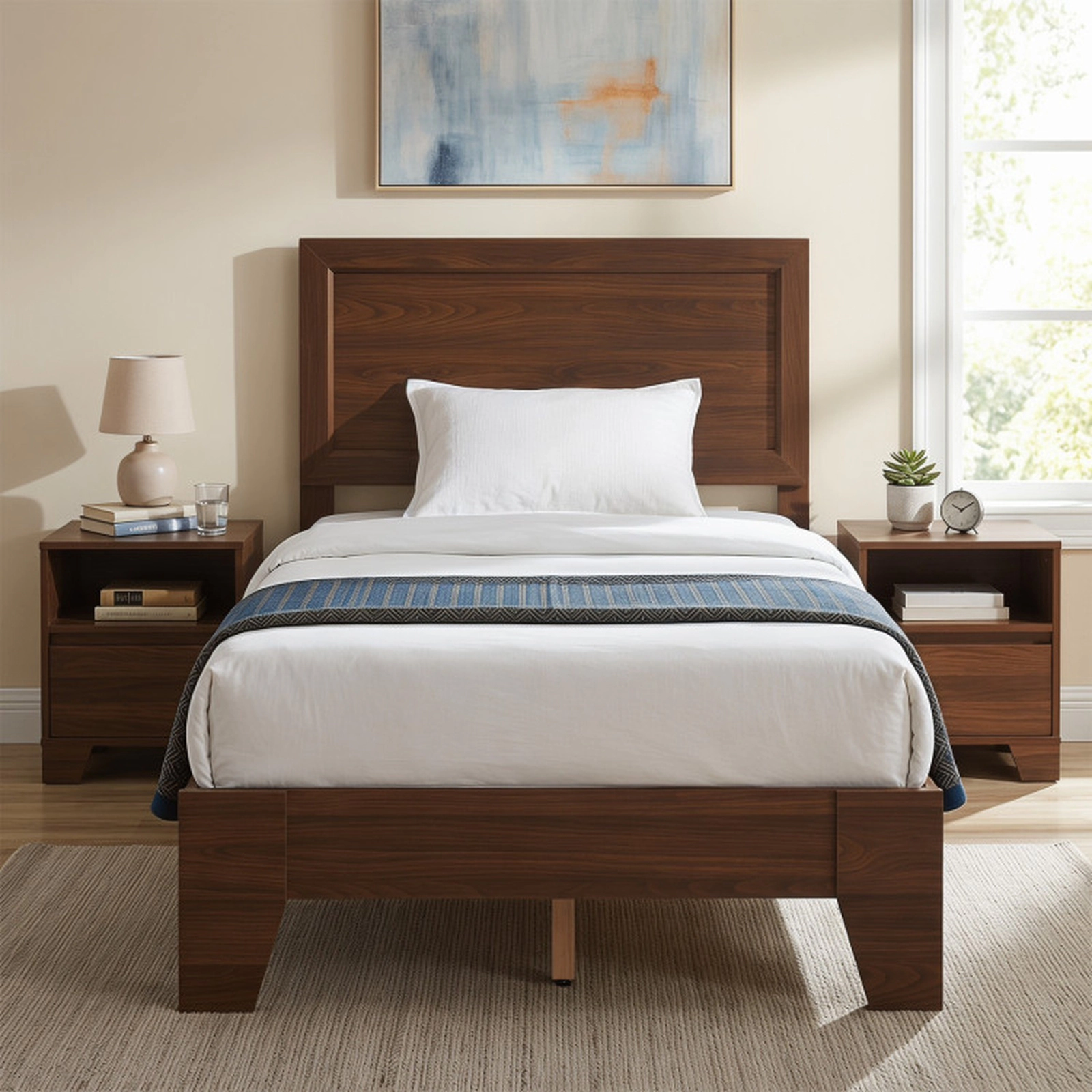 SUGIFT Twin Size Platform Bed Frame with Mid-Century Headboard 500-lb Capacity White/Walnut