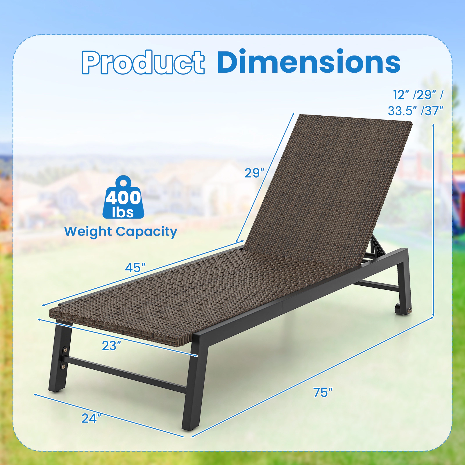 SUGIFT 2 Wheels 400-lb Capacity Brown Patio PE Rattan Chaise Lounge 5-Level Backrest