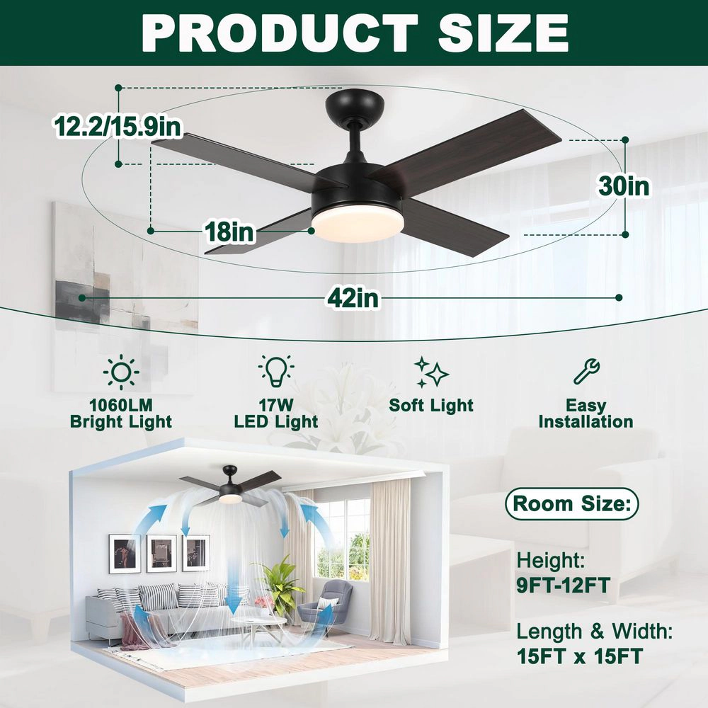 Flynama 42 in. Black Indoor DC Motor Downrod Mount Standard Propeller Ceiling Fan with Remote Control, 6-Speed Levels