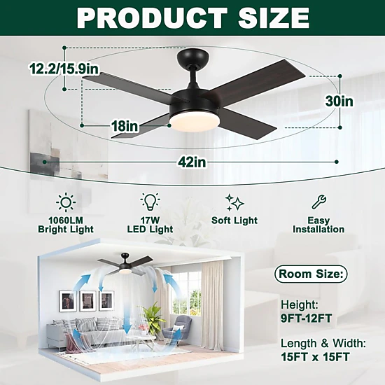 Flynama 42 in. Black Indoor DC Motor Downrod Mount Standard Propeller Ceiling Fan with Remote Control, 6-Speed Levels