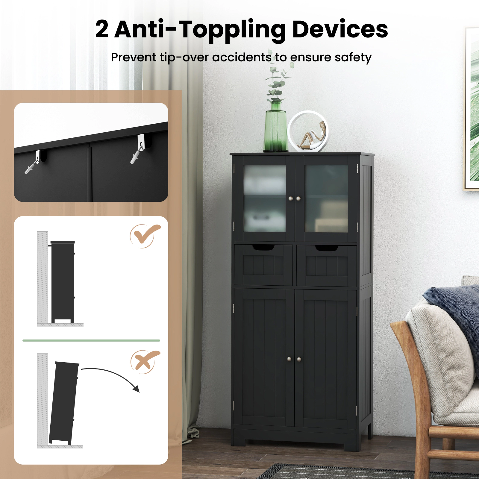 SlickBlue 4-Door Bathroom Storage Cabinet with Drawers & Glass Doors