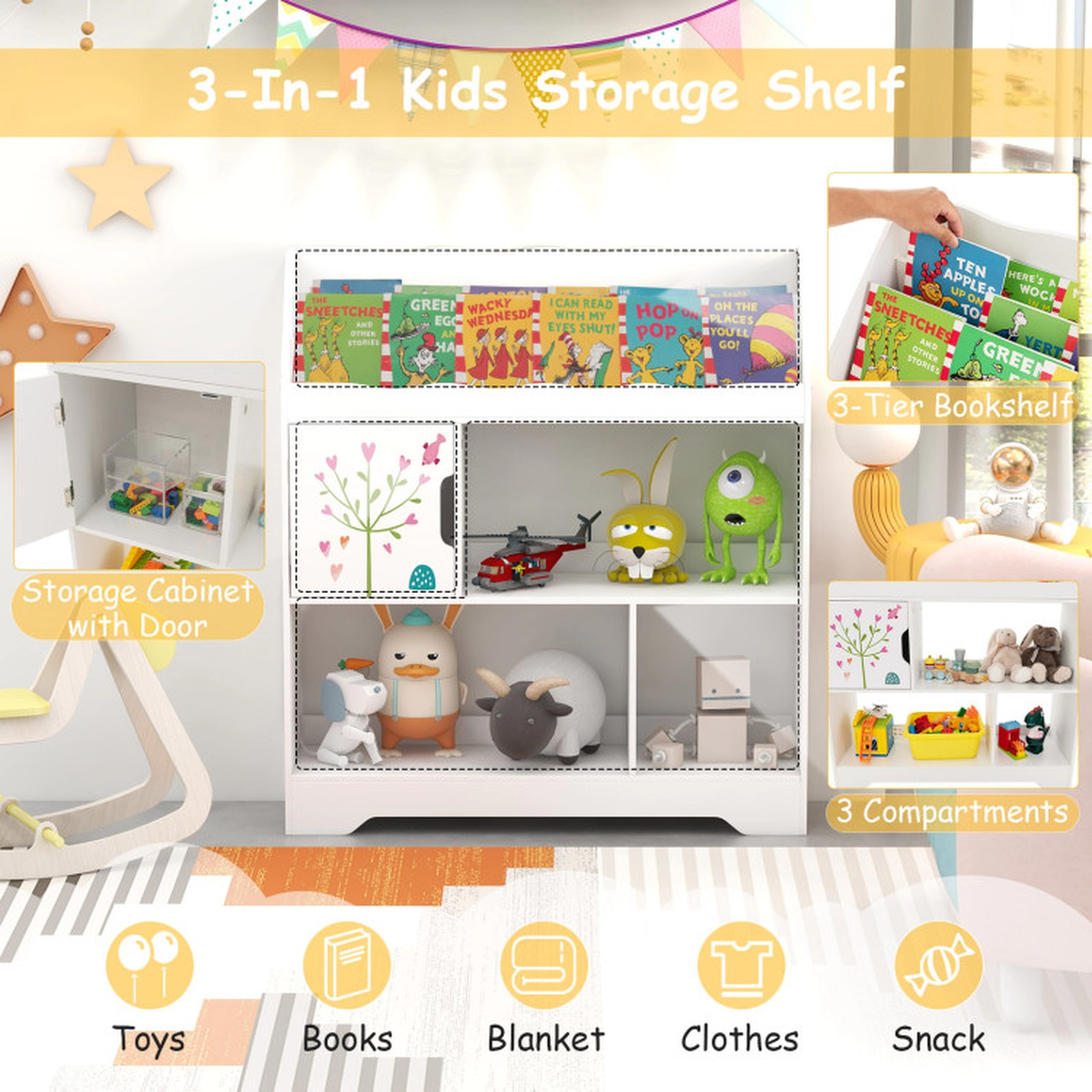 SUGIFT Kids 3-Tier Bookshelf 3 Compartments Toy Storage Organizer 36.5-in x 12-in x 39.5-in 44-lb Capacity White