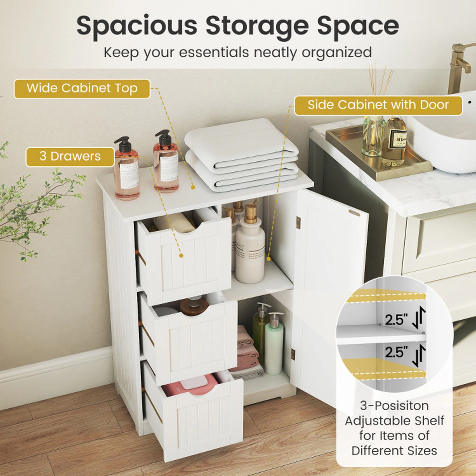 SUGIFT White 70-lb Top Capacity 3-Drawer Bathroom Floor Storage Cabinet with Cupboard and Adjustable Shelf