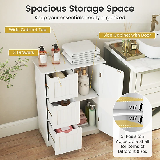 SUGIFT White 70-lb Top Capacity 3-Drawer Bathroom Floor Storage Cabinet with Cupboard and Adjustable Shelf