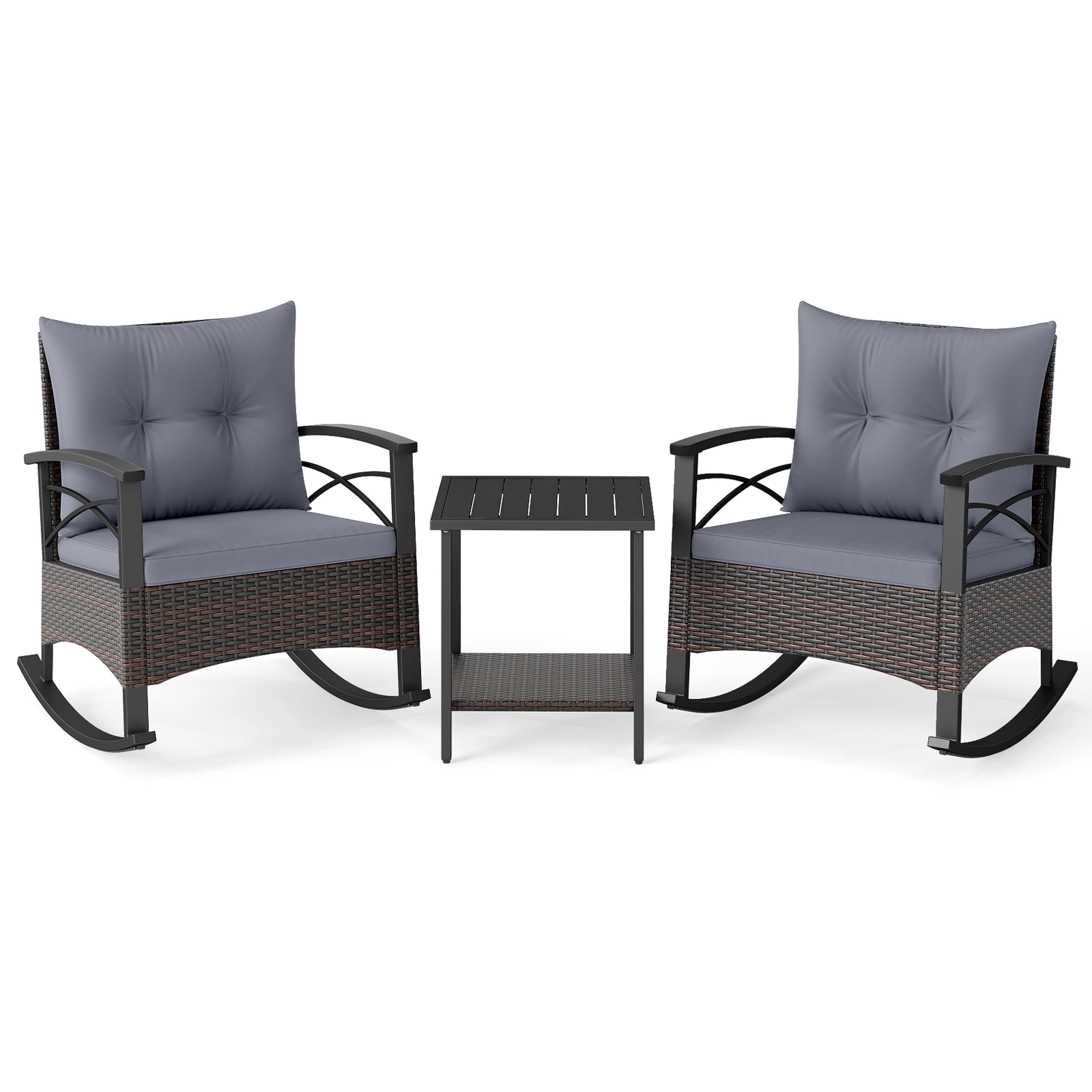 SUGIFT Gray 3-Piece Rattan Rocking Bistro Set with Anti-Rollover Chairs and 2-Tier Acacia Wood Table