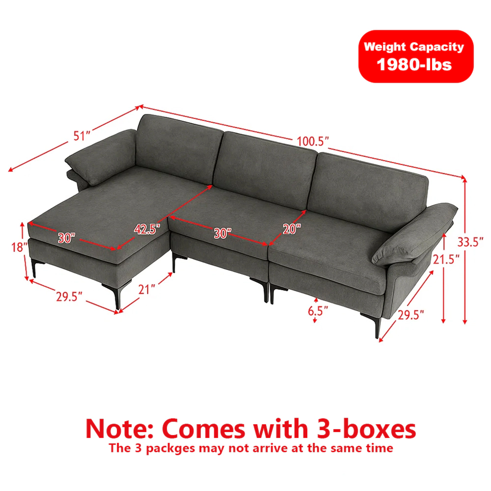 Hivvago Spacious L-Shaped Sectional Couch with Reversible Chaise Lounge