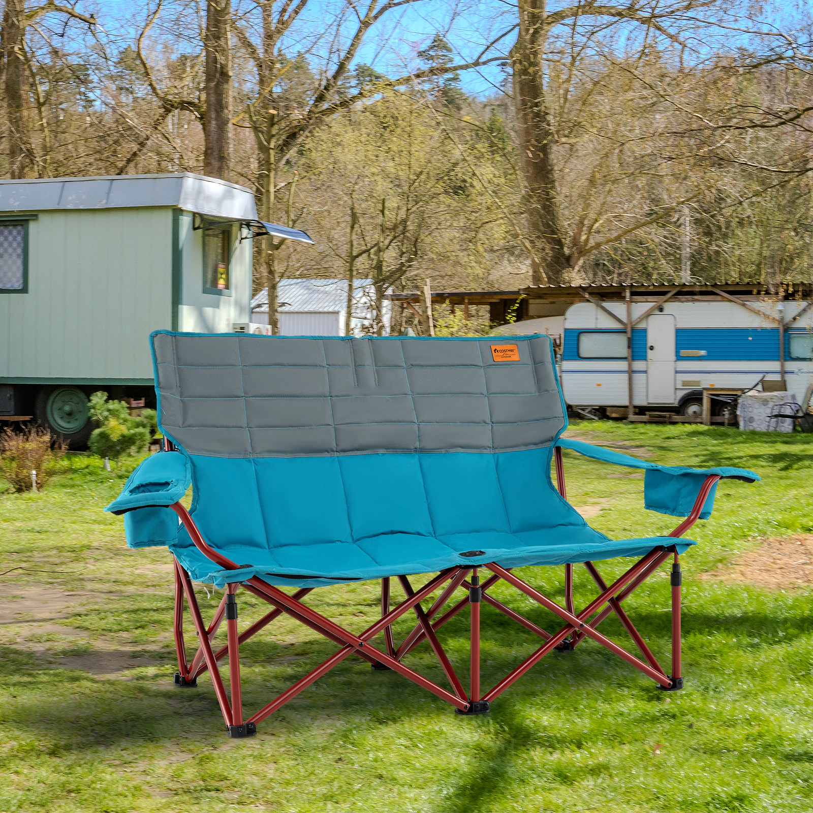 SUGIFT Oversized Folding Loveseat Camping Chair with Cup Holders 660-lb Capacity 59-in Wide 2-Person Green/Navy Blue