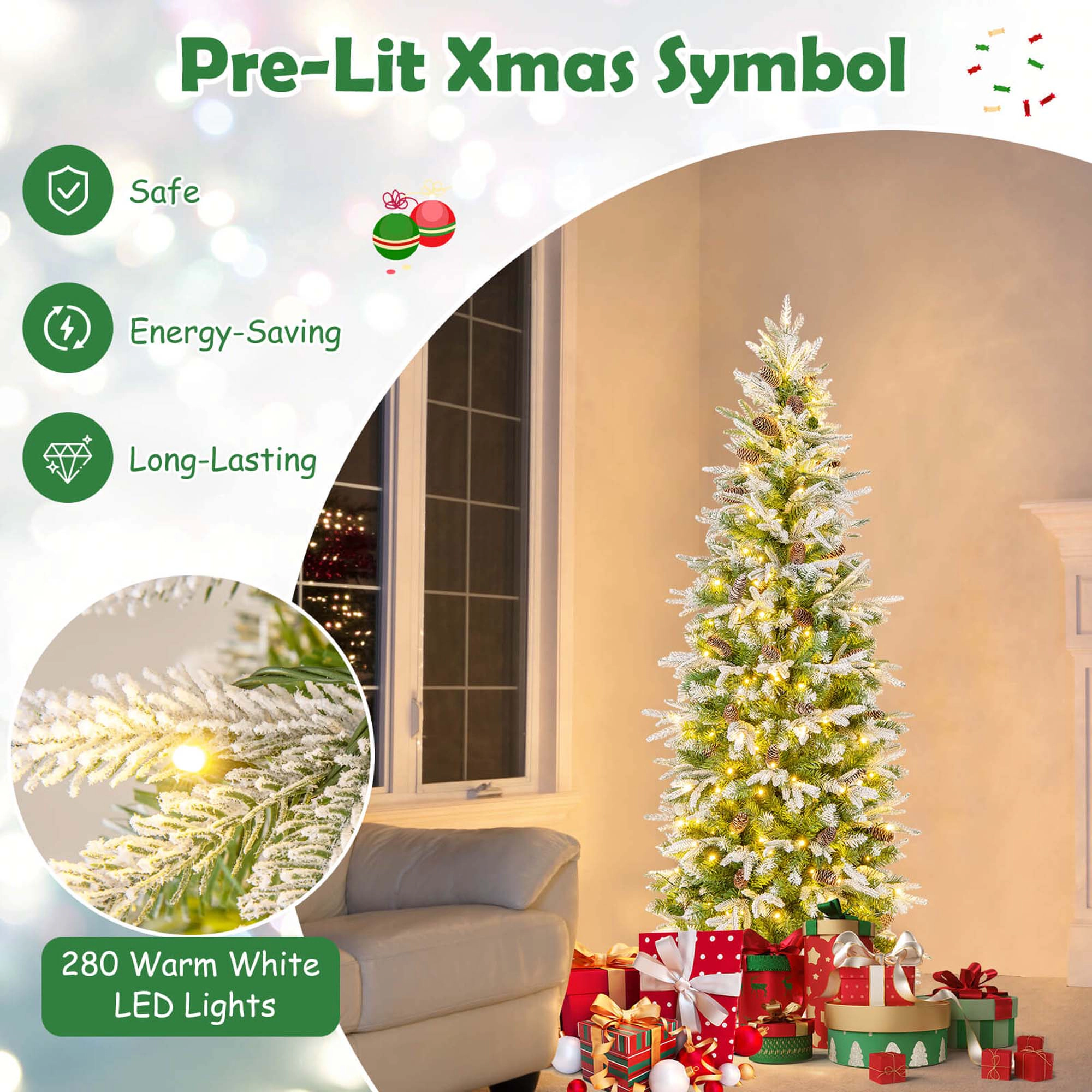 Costway 6/7.5/9 FT Flocked Christmas Tree with 913 PE PVC Branch Tips 280/350/470 Warm LED Lights