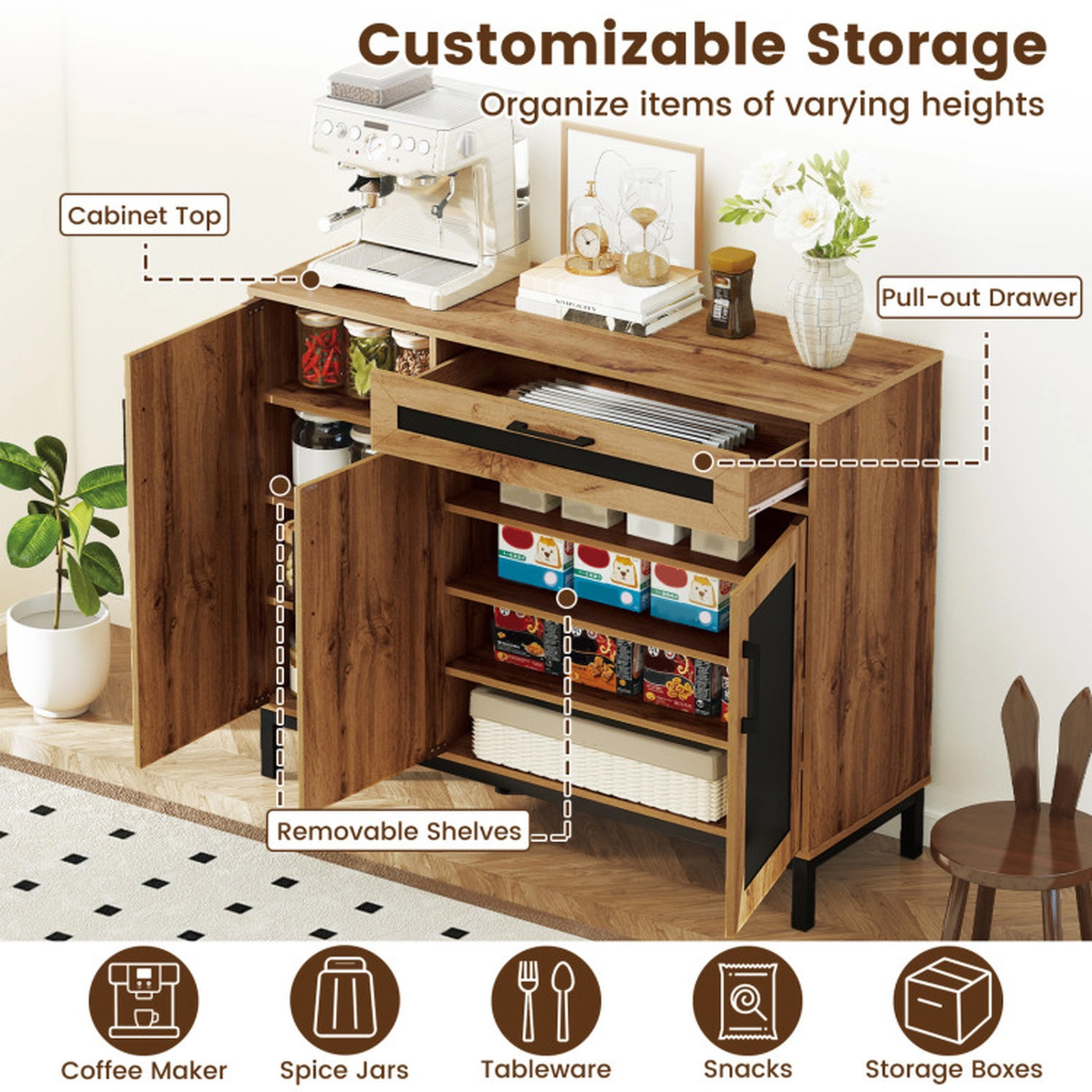 SUGIFT 48-in Sideboard Buffet Cabinet with Drawer and Metal Legs 88-Lb Countertop Capacity Natural + Black