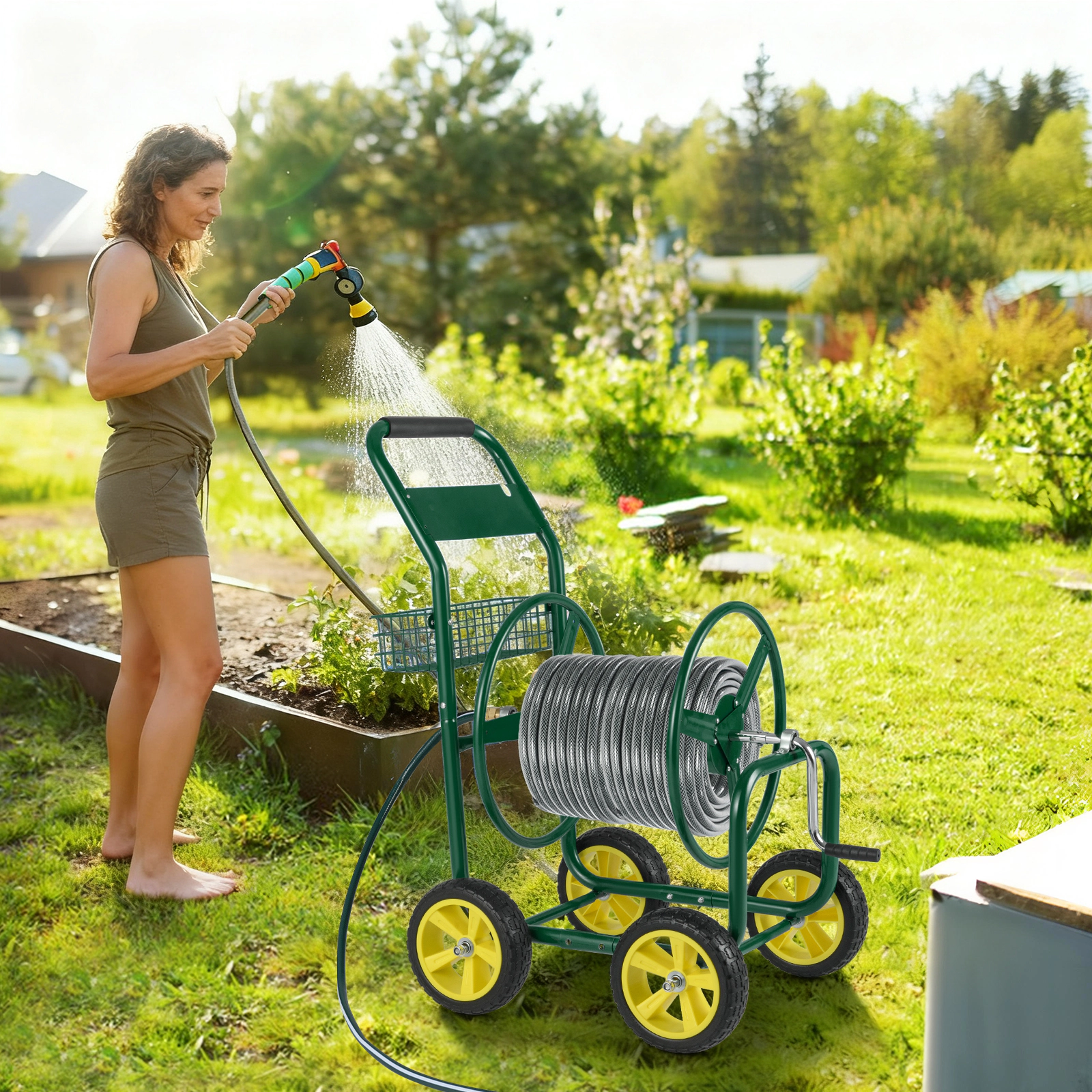 SUGIFT Green Metal Garden Hose Reel Cart with Storage Basket 4 Wheels and Brass Fittings for 300-ft Hose
