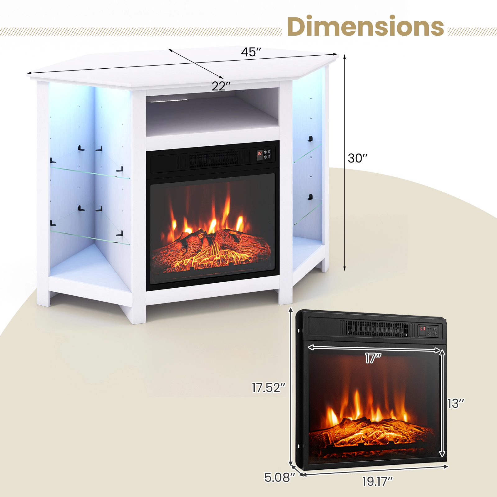 Hivvago Fireplace Corner TV Stand with LED Lights and Smart APP Control for 50 Inches TV