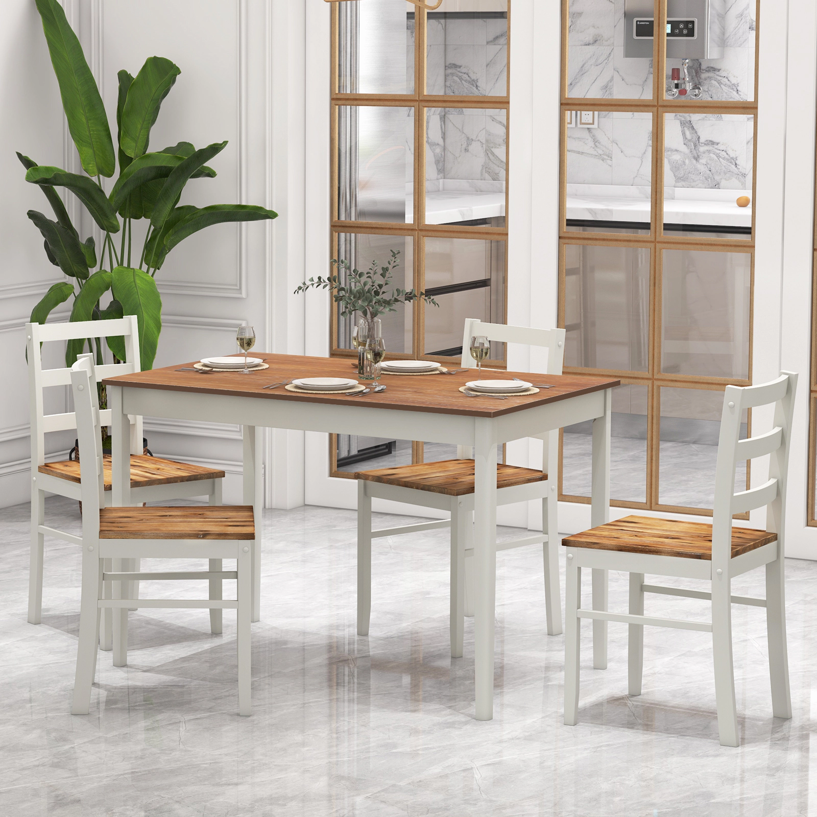 SUGIFT 45 Inch Rectangular Table and 4 High Back Chairs 5-Piece Wooden Dining Set