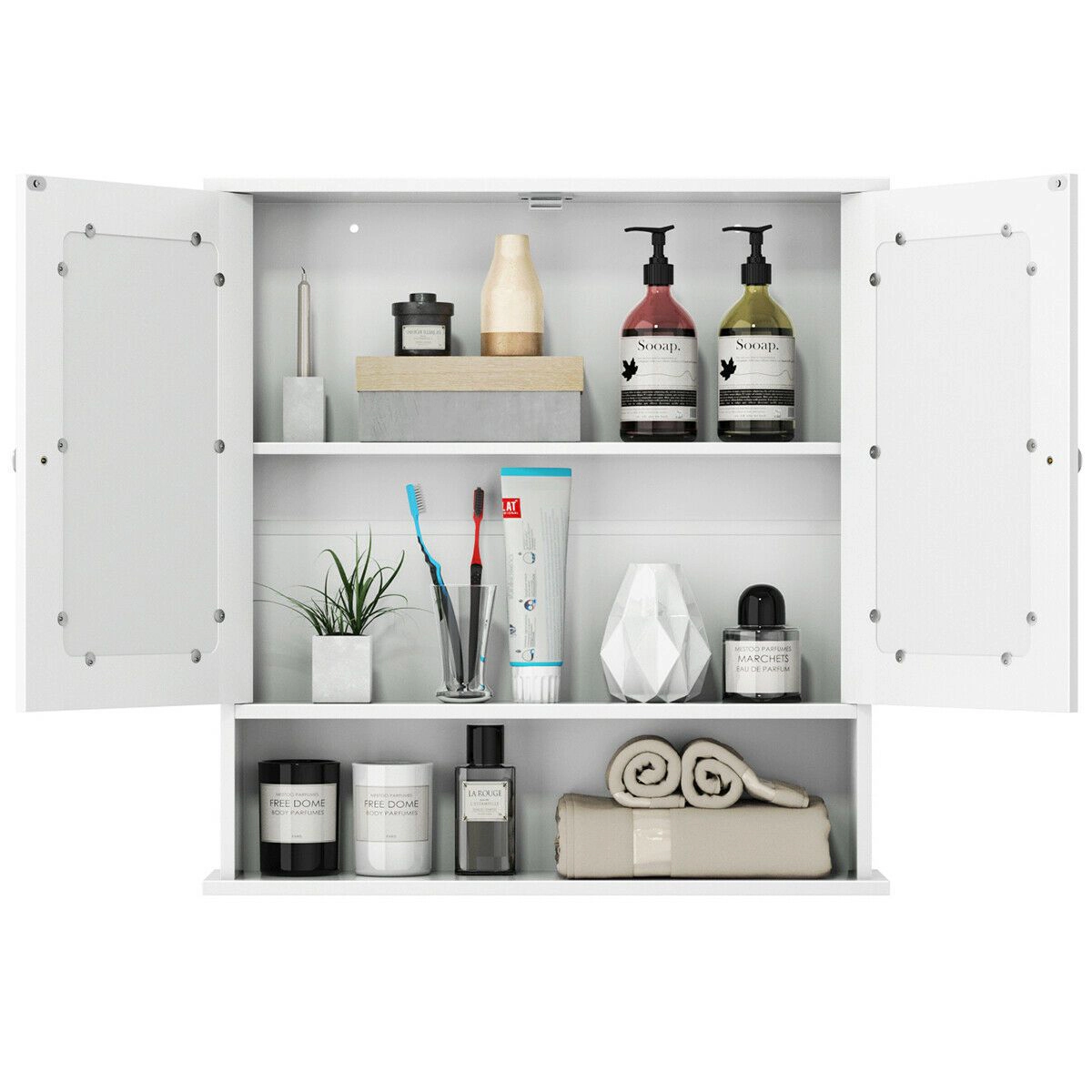 SlickBlue Double Door Mirrored Bathroom Storage Cabinet, White
