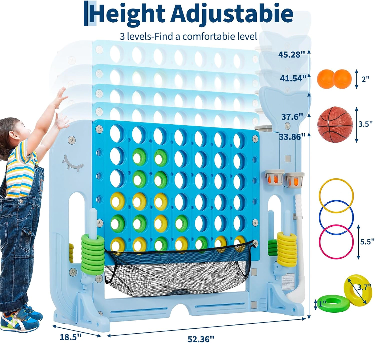 Giant 4-in-a-Row Game Set, Height-Adjustable 4-in-1 Outdoor Yard Game with Basketball, Mini Golf & Ring Toss