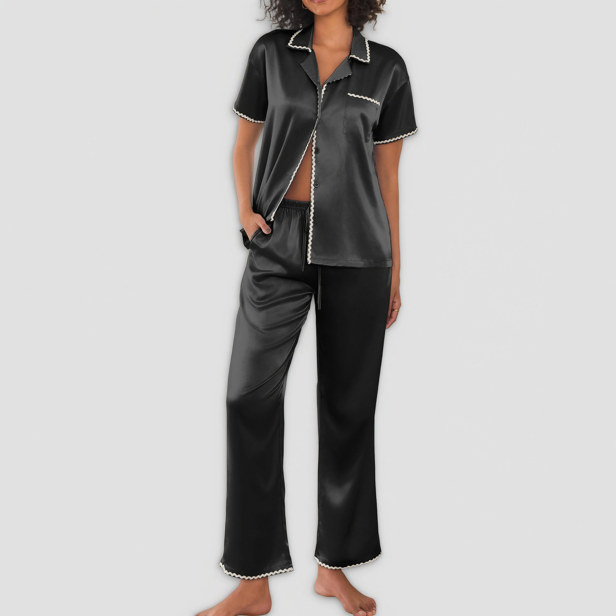 Ekouaer Silk Pajamas for Women Set Satin Two Piece Pjs Sets Ric Rac Trim Contrast Loungewear