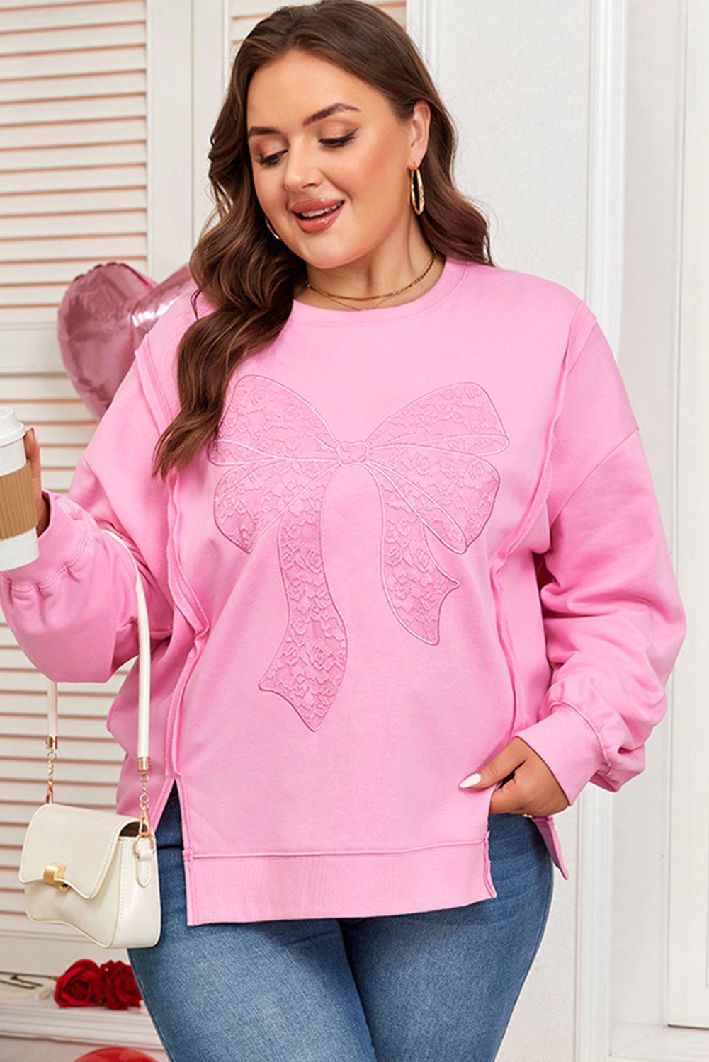 Threaded Pear Women's Pink Big Bow Lace Embroidered Dolman Sleeve Slit Plus Sweatshirt