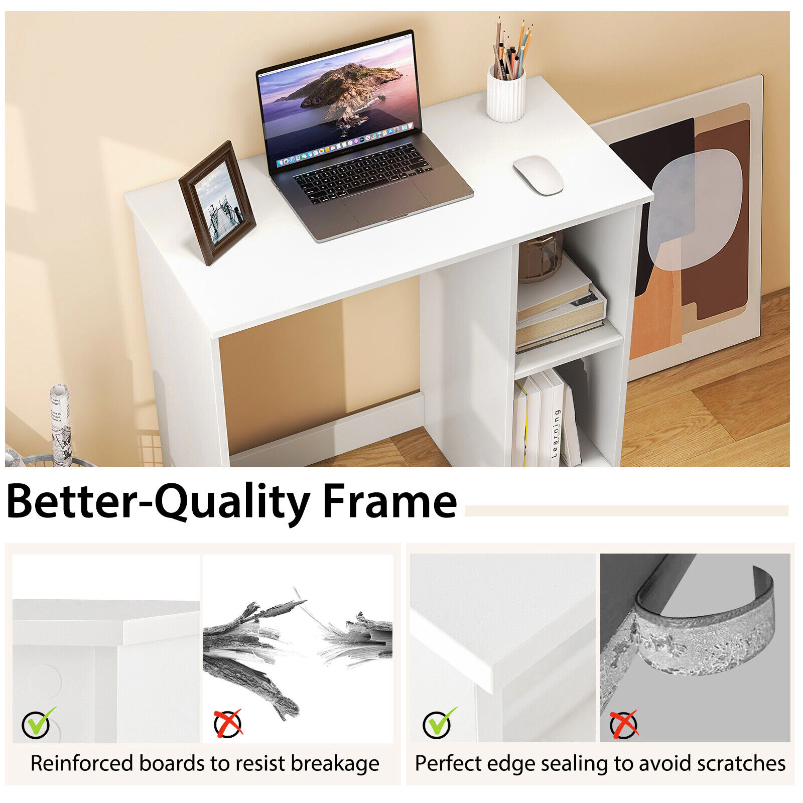 SUGIFT 31.5-in Modern Home Office Desk with 2 Compartments 200-lb Desktop Capacity Engineered Wood White Black