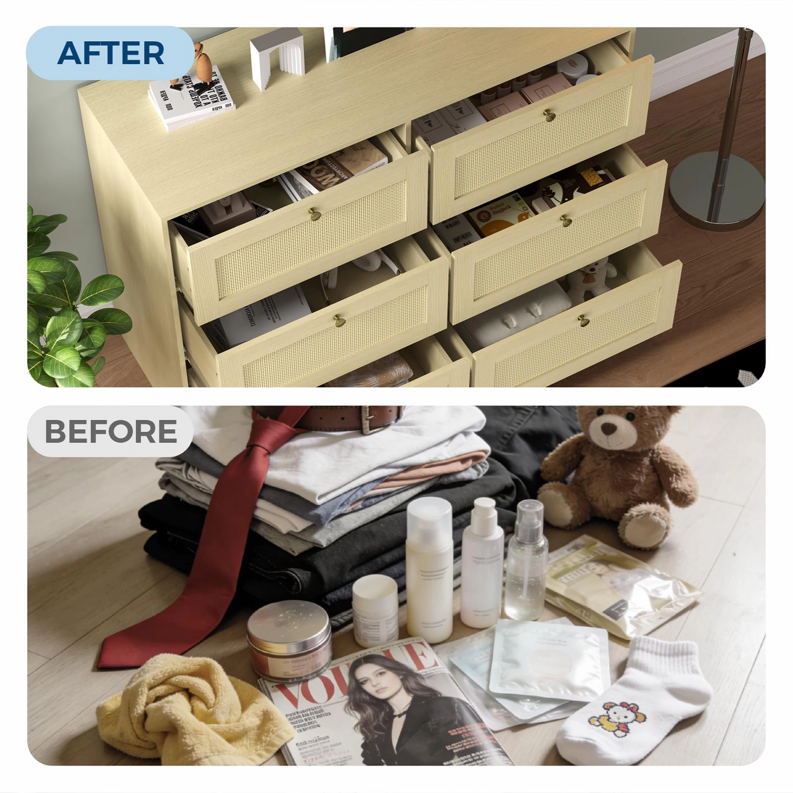 Rattan 6 Drawer Dresser, Modern Boho Wooden Storage Chest with Metal Handles for Bedroom