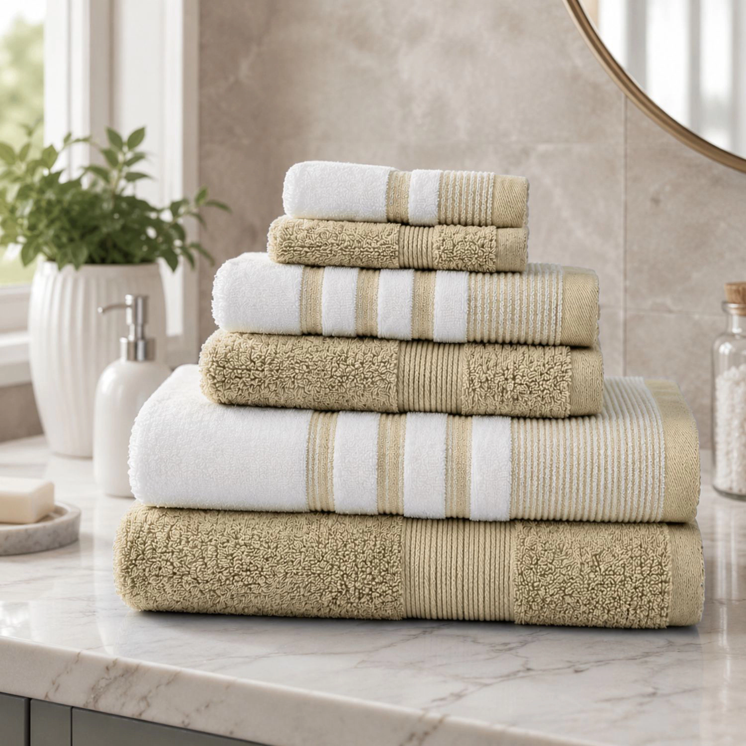 Plazatex Two Tone  Zero Twist 100% Cotton Soft & Absorbent 6 Piece Bathroom Towel Set Taupe