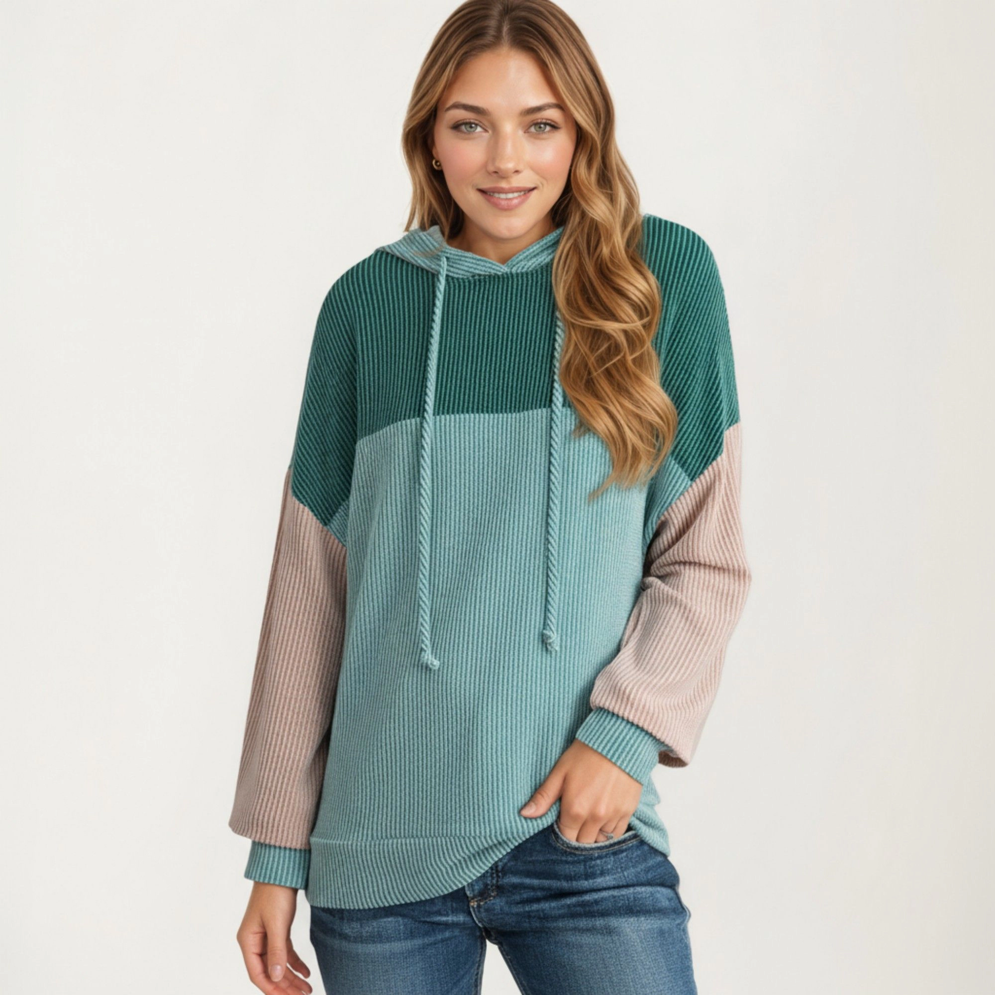 Anna-Kaci Women's Colorblock Drawstring Relaxed Fit Long Sleeve Knit Hoodie