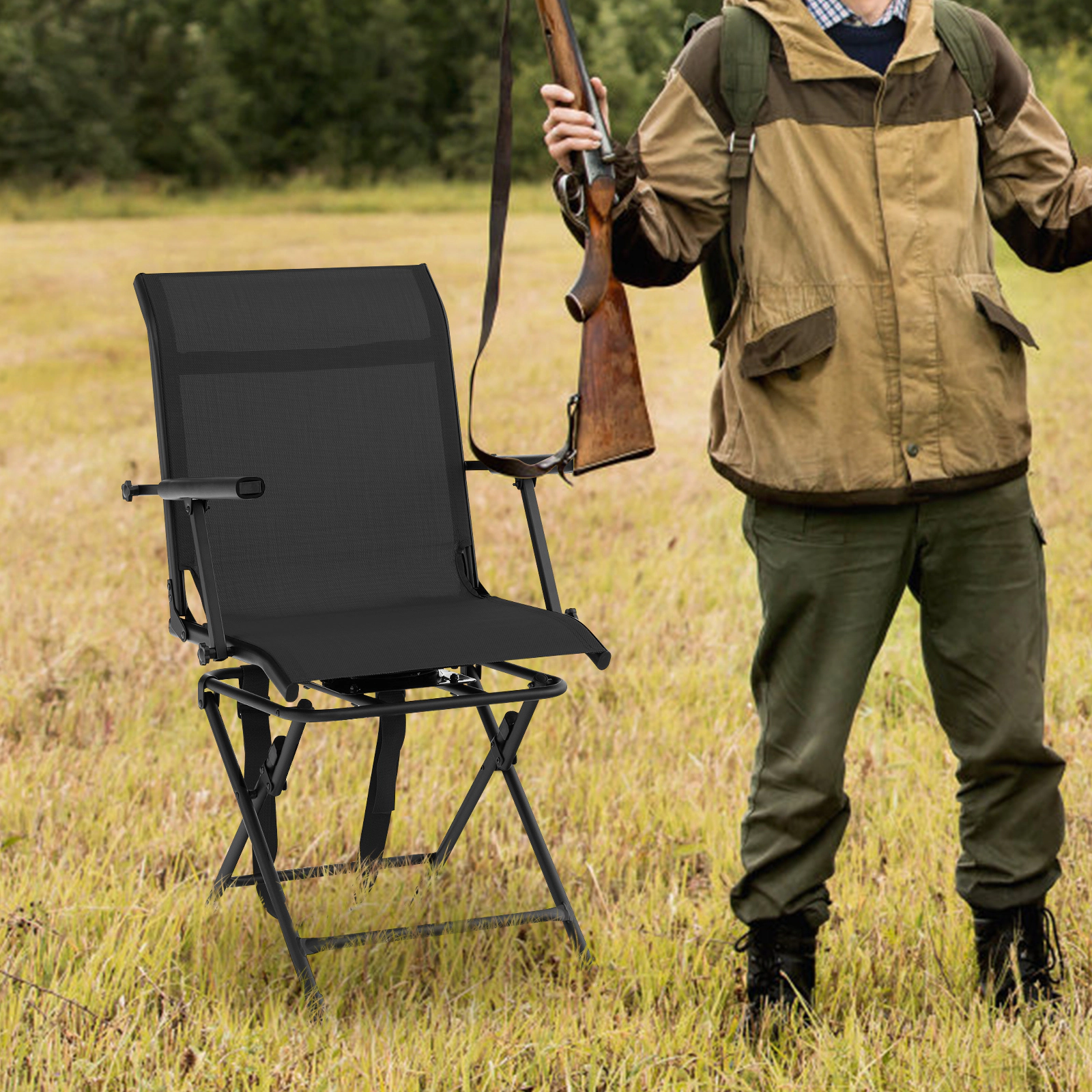 SUGIFT Foldable 360-Degree Swivel Hunting Camping Chair with Armrest 330-lb Capacity Black Coffee