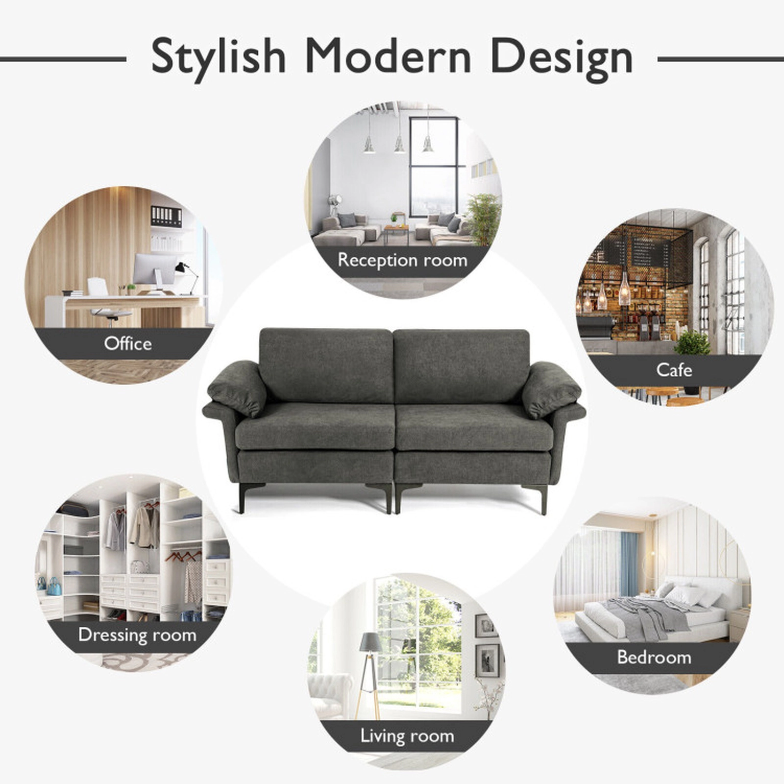 SUGIFT Gray 72.5-In Modern Linen 2-Seater Loveseat Sofa with Metal Legs