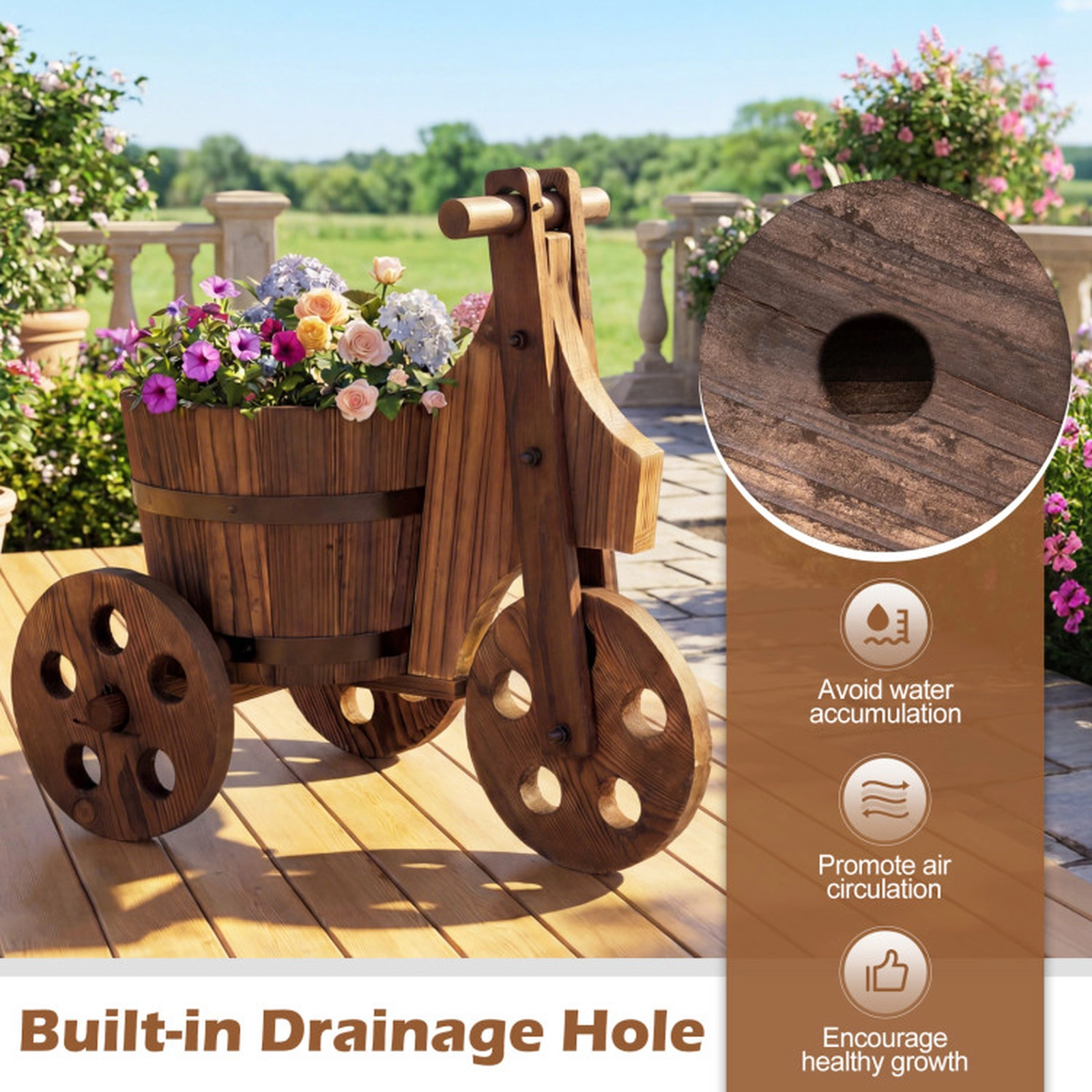 SUGIFT Coffee Wood Tricycle Barrel Planter with Drainage Hole 17.5-in W 12.5-in D 17-in H 11-lb Barrel Capacity