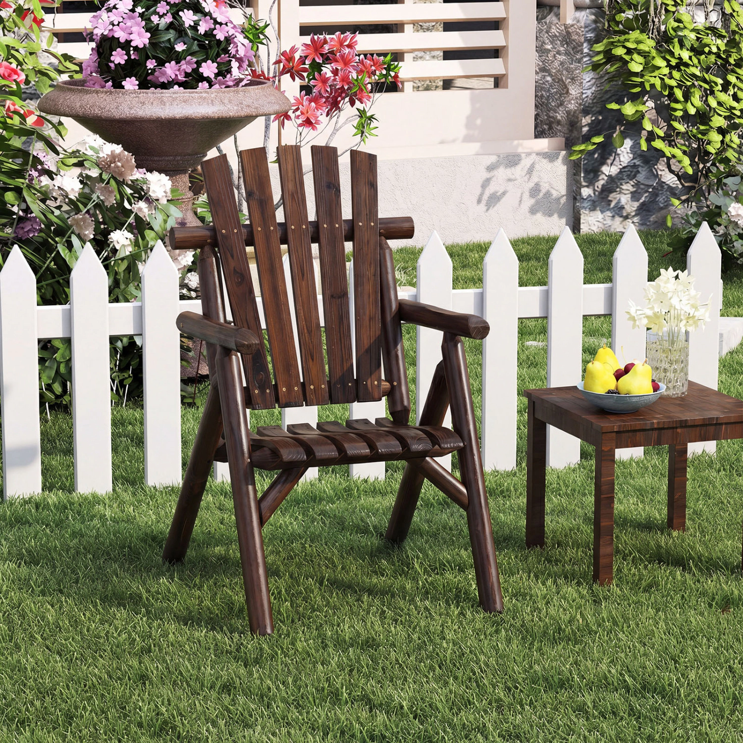 LJG Log Wood Patio Chair with Slatted Backrest for Deck Backyard