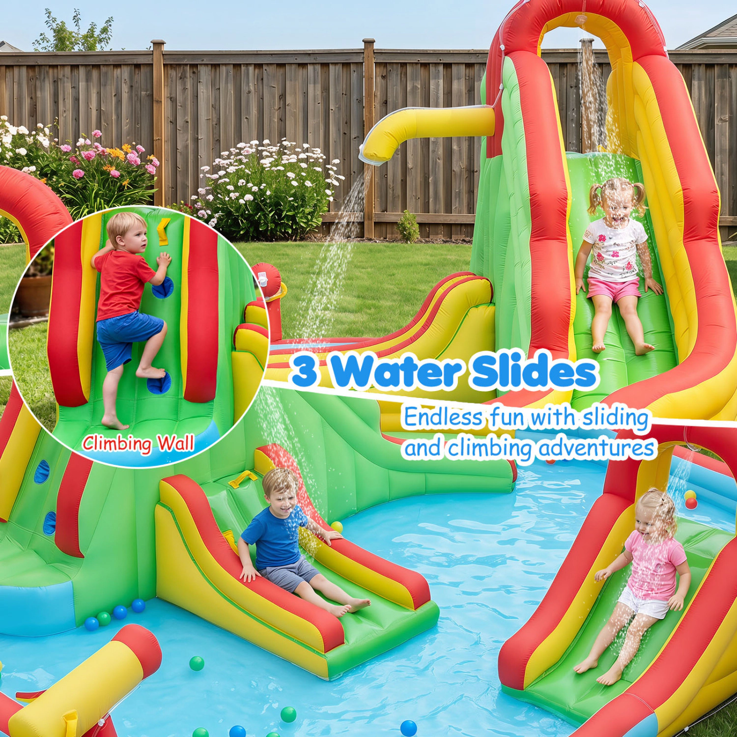 LJG Kids Inflatable Water Park with Splash Pool and 3 Water Slides (Blower Not Included)