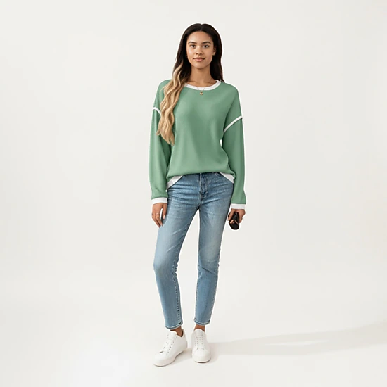 Anna-Kaci Women's Contrast Trim Relaxed Fit Long Sleeve Knit Top