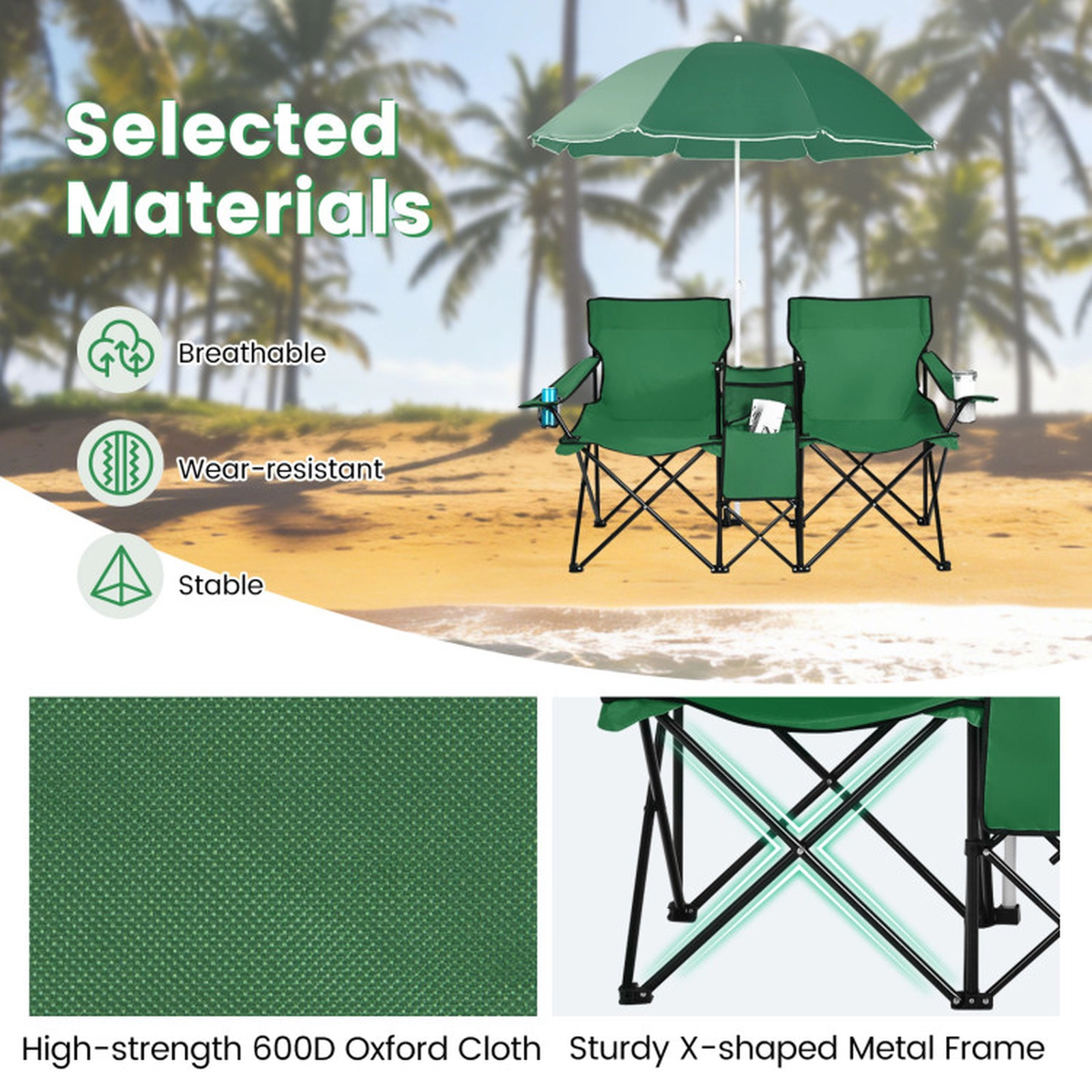 SUGIFT 2-Seat Folding Loveseat with Removable Umbrella and Cooler Bag, 600 lb Capacity