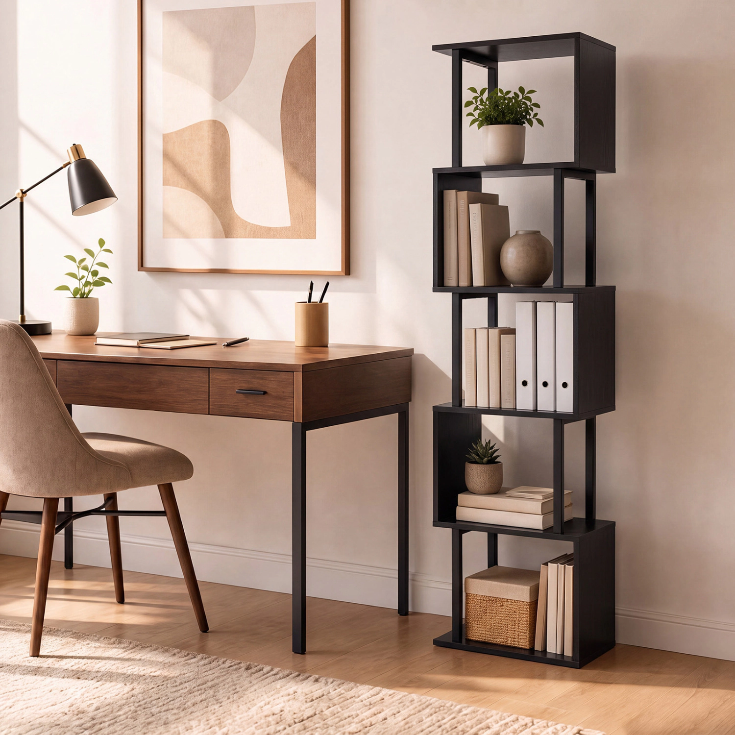 LJG 5-Tier S-Shaped Bookshelf with Open Cubes & Anti-Toppling Kits for Living Room