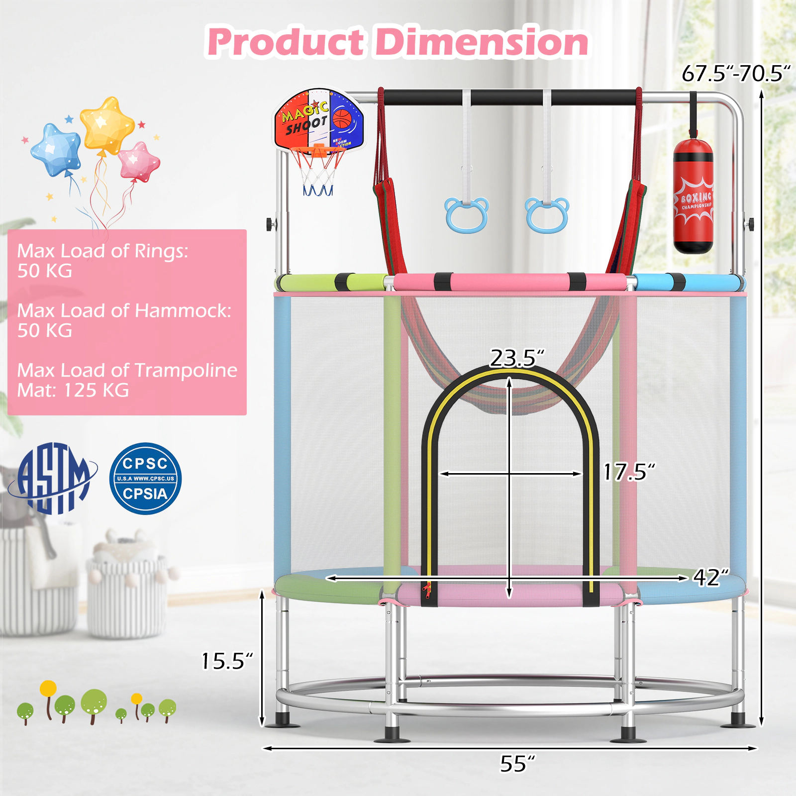 55-in Indoor Kids Trampoline 8 Accessories 440-lb Capacity Gym Bar Basketball Hoop Hammock Punching Bag Ages 3-6