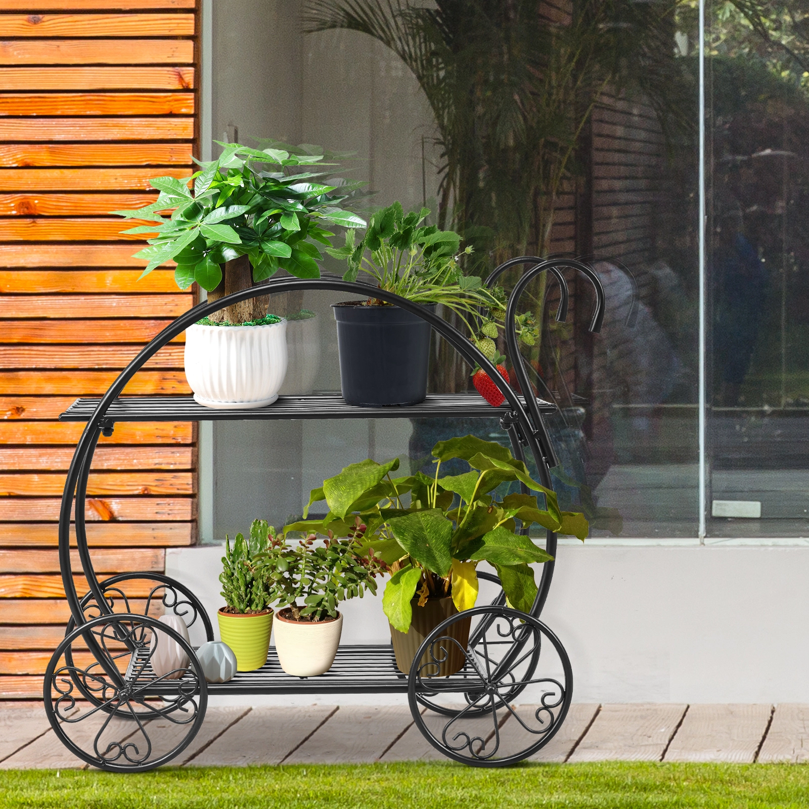 SUGIFT Two-Tier Steel Flower Cart Plant Stand 22-lb Capacity Black Two-Tier Garden Cart with Decorative Wheels