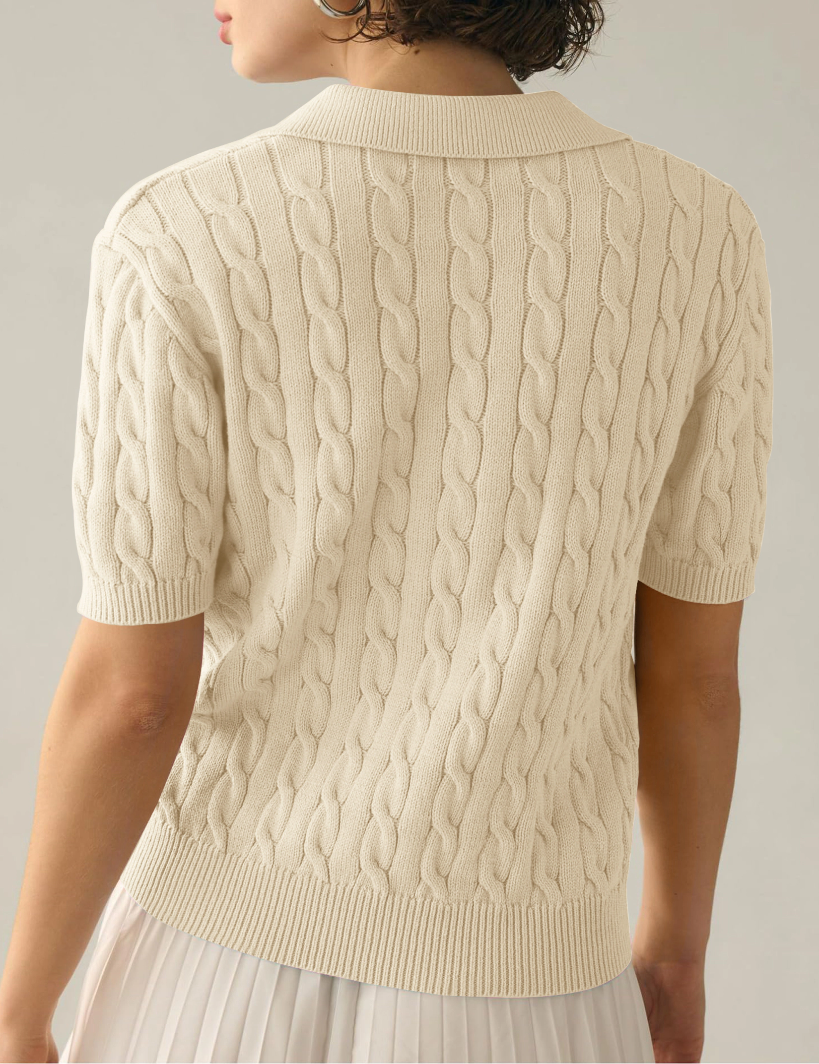 KOJOOIN Women's Cable Short Sleeve Sweaters Tops Lapel V Neck Knit Shirt Fall Outfits
