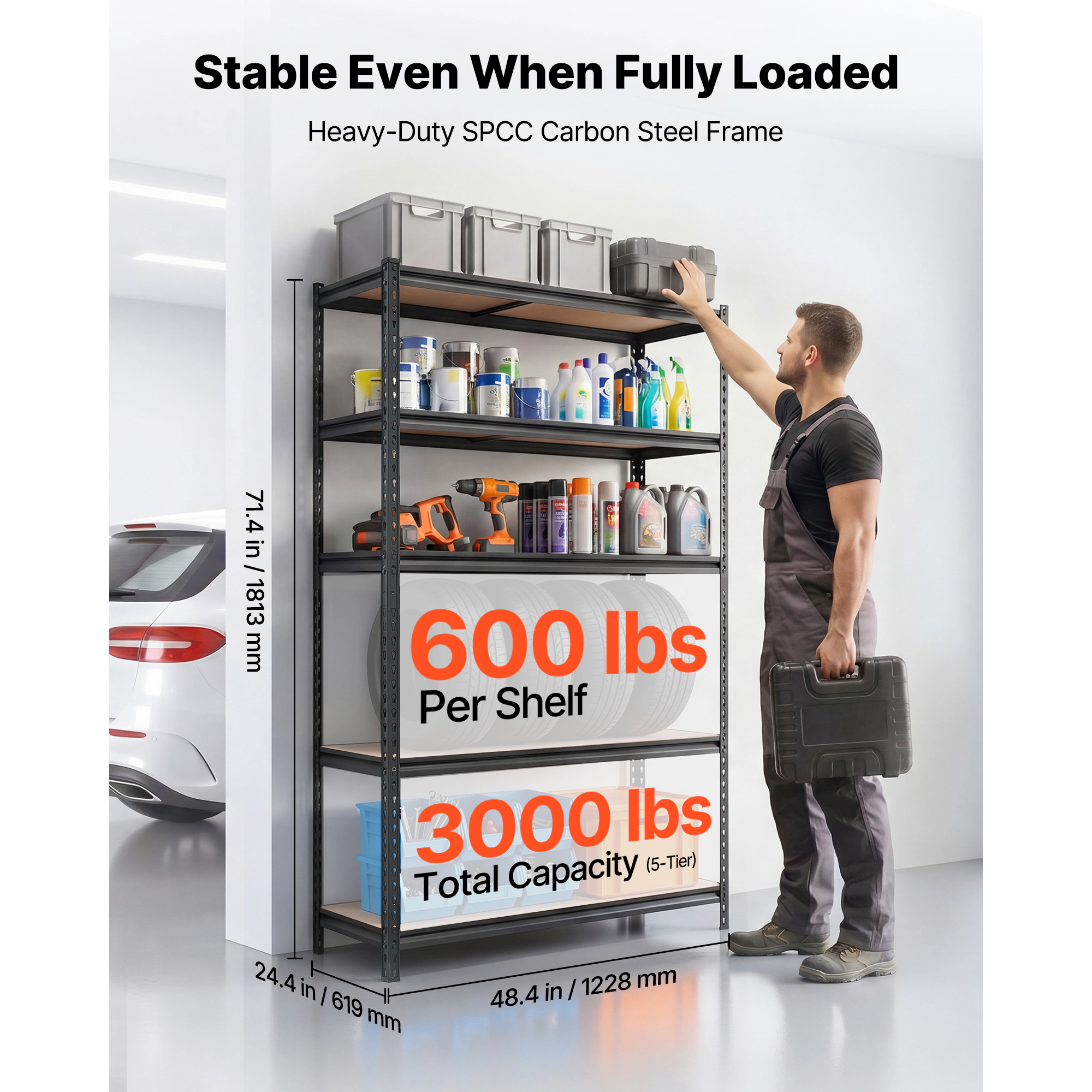 Flynama 5 Tier 48.4 x 24.4 x 71.4 in Shelves 3000 LBS Adjustable Heavy Duty Utility Rack for Garage Workshop Warehouse