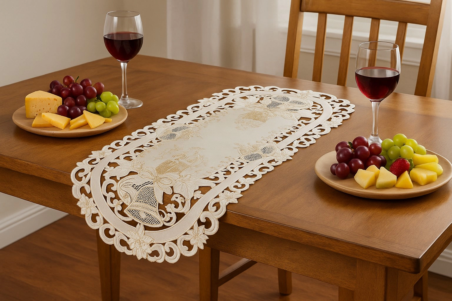 Jiallo Christmas Candle Beige Lace Embroidered Cutwork Rect Table Runner, 13 by 27 inch