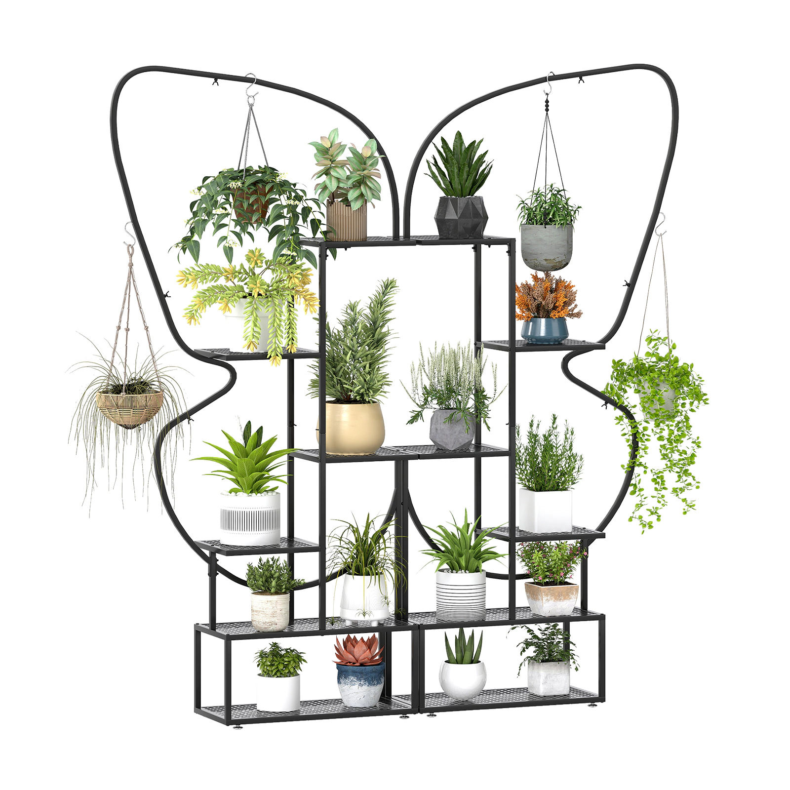 SUGIFT Black 6 Tier Hanging Hooks Set of 2 Metal Plant Stand Ladder Display Rack