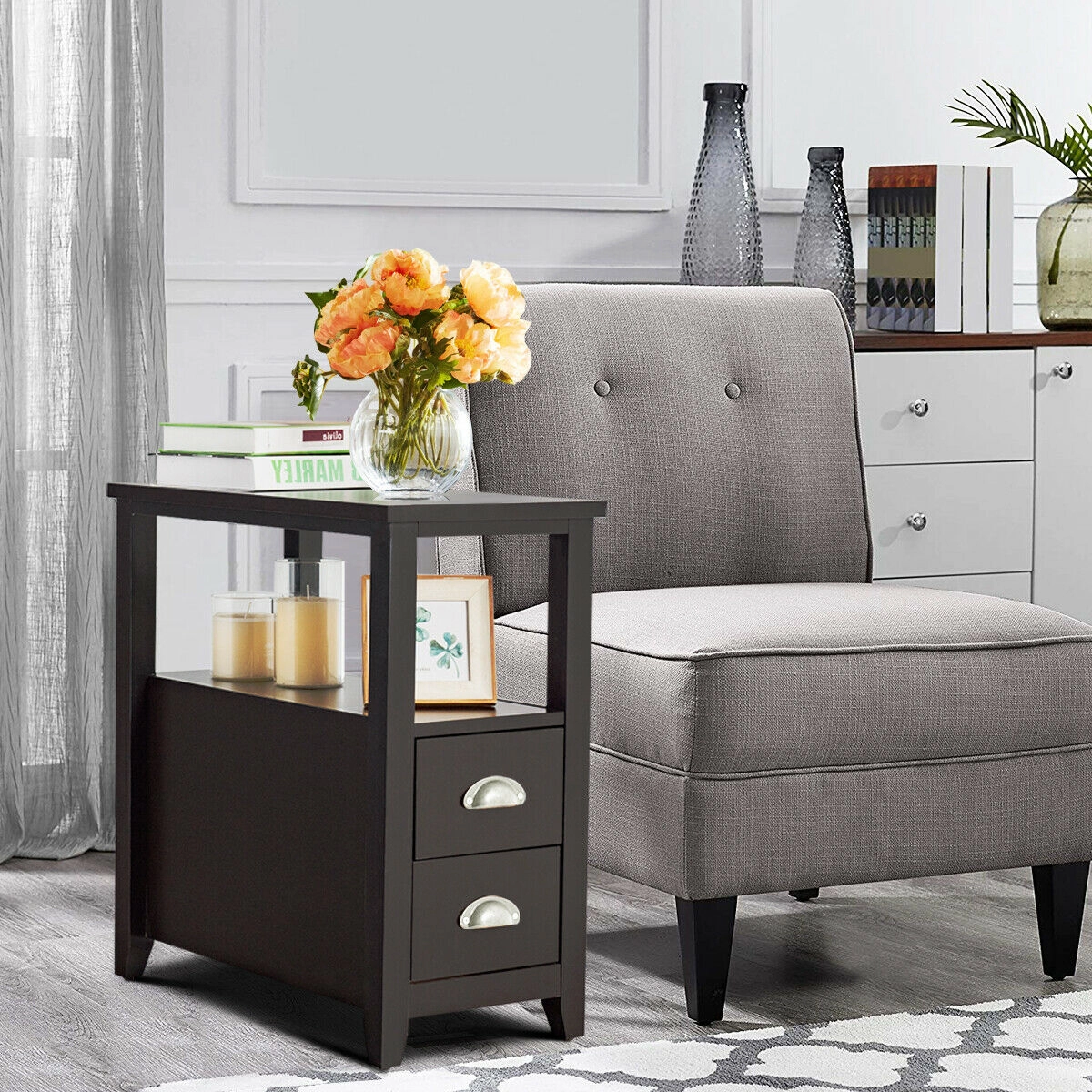 SUGIFT Compact Rectangular Wooden Nightstand with 2 Drawers and Shelf 33-lb Tabletop Capacity Dark Brown