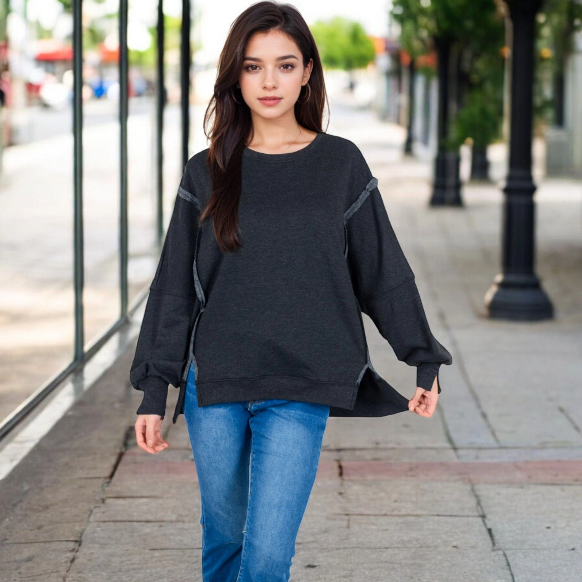 Anna-Kaci Women's Oversized Long Sleeve Pullover Sweatshirt with Drop Shoulders Design and Side Slits