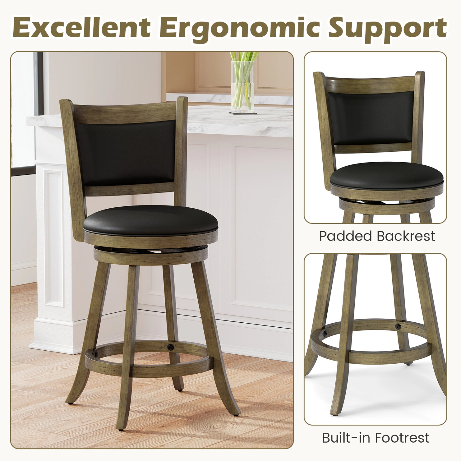 SUGIFT 2-Piece 24-in Swivel Counter Stool Dining Chair with Upholstered Seat 264-lb Capacity 17.5-in Wide Panel Back